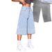 Light Blue Washed Cropped Denim Shorts for Women High Waisted Wide Leg Pants European American Style Rhinestone Embellished_ecoleips.com