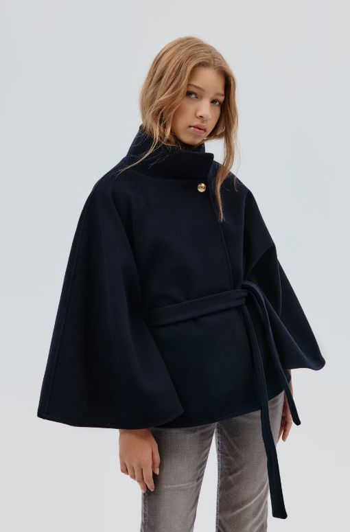 Women’s Wool-Like Long Sleeve Cape Coat – Oversized Tied Belt Lapel Collar Wrap Jacket For Fall & Winter (Navy, Gray)_ecoleips.com