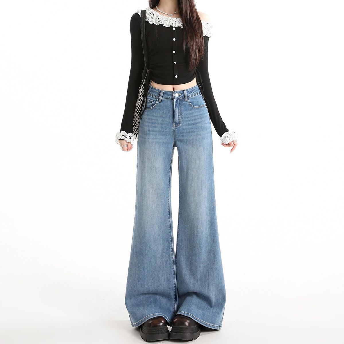 Women's Non-tight Flared Jeans, 2026 Spring New Style, High-waisted, Slimming, Wide-leg, For Petite Individuals,_ecoleips.com