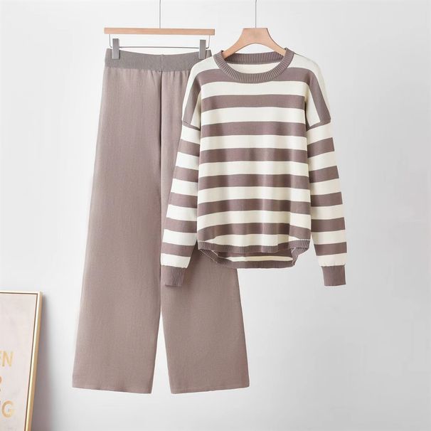 Women's Autumn Winter Knitted Sweater Set Color Block Long Sleeve Fashion Casual Cross Border European American Style Clothing_ecoleips.com