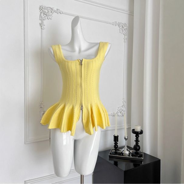Premium Selection: Elegant Square Neck Camisole For Women, Summer Fit, Slimming, Versatile, Knitted With Ruffled Hem_ecoleips.com