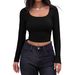 Women's Ribbed Square Neck Long Sleeve T-Shirt – Slim Fit Stretch Top, Breathable & Versatile For Casual & Layering_ecoleips.com