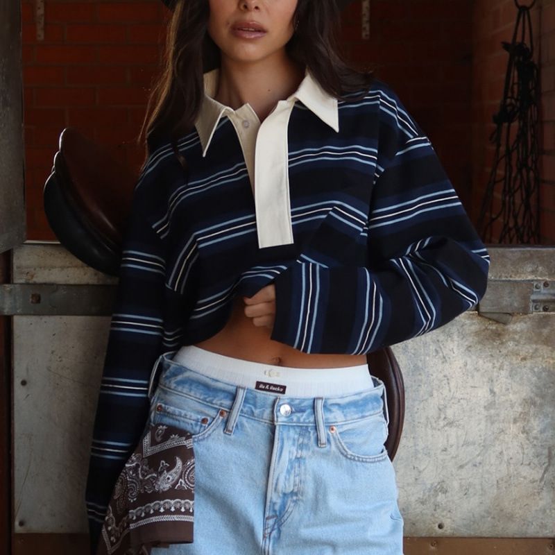 Autumn Relaxed Striped Polo Collar Long-Sleeve Top With Stylish Casual Design_ecoleips.com