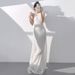 Women's Evening Dress, New Spring And Autumn Style, White, Fishtail Sequin, Elegant, High-end, Light Luxury, Niche,_ecoleips.com