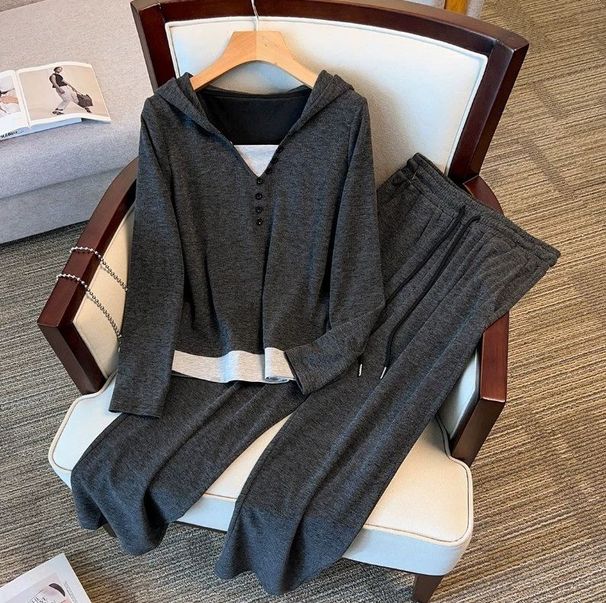 Casual , European American Style Hooded Button-up Top, Loose Wide-leg Pants Set, Soft And Comfortable Sports_ecoleips.com