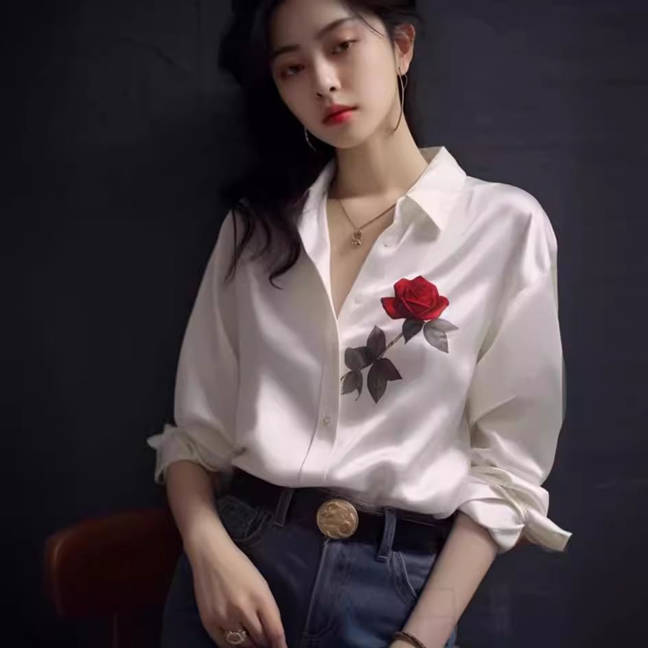 European-style White Printed Satin Shirt For Women, High-end, Light Luxury, Elegant Socialite Top, Unique And Stunning_ecoleips.com