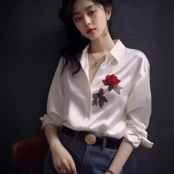 European-style White Printed Satin Shirt For Women, High-end, Light Luxury, Elegant Socialite Top, Unique And Stunning_ecoleips.com