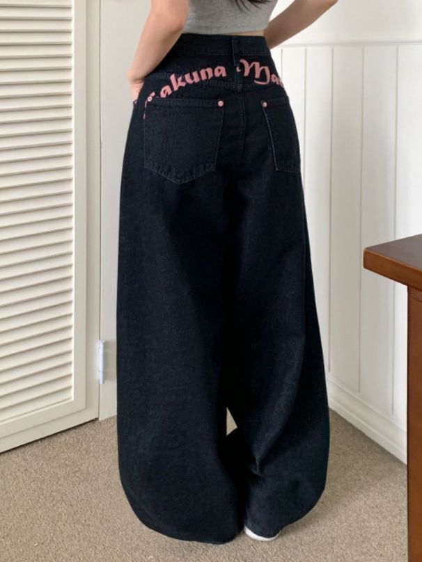 Korean Style Women's Loose Wide Leg Jeans – Pink Letter Embroidery & Retro Wash (S-L)_ecoleips.com