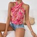 Floral Cross Front Halter Top - Summer Vacation Style Sleeveless Blouse For Women_ecoleips.com