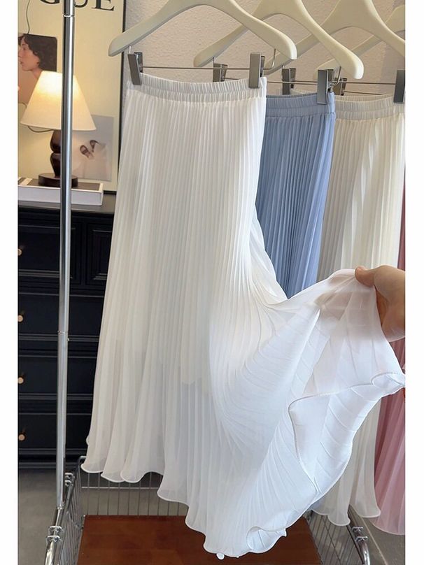Women's Versatile Elongating Chiffon Flowing Maxi Skirt Pleated Long Skirt for New Spring Summer 2026 Style_ecoleips.com
