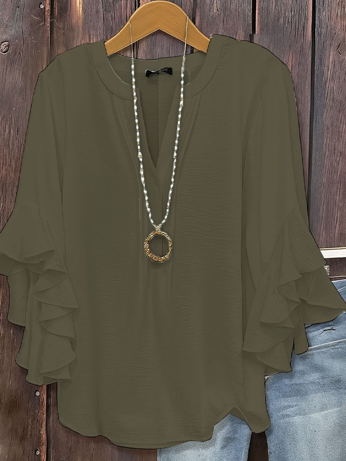 Women's Clothing Three Quarter Sleeve Top Solid Color Fashion Casual Loose V Neck Business Shirt_ecoleips.com