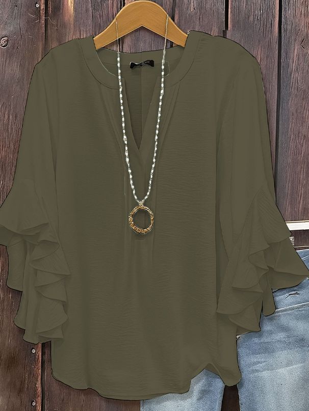 Women's Clothing Three Quarter Sleeve Top Solid Color Fashion Casual Loose V Neck Business Shirt_ecoleips.com