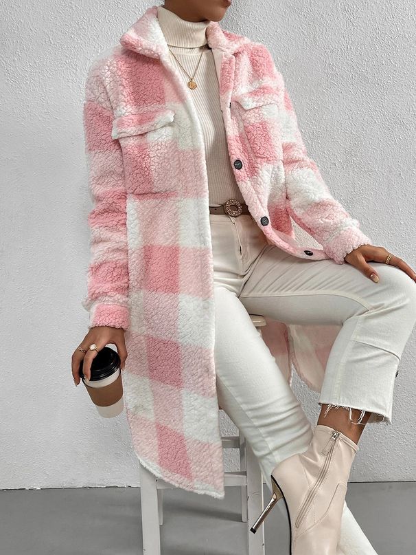 Women's Plaid Flannel Coat With Button-Down Collar, Oversized Long Trench Coat For Autumn/Winter, Elegant & Casual Office Wear_ecoleips.com
