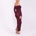 Burgundy Off-Shoulder Mesh Dress European American Style Long Sleeve Pleated Slim Fit Maxi Dress for Women Banquet Occasion_ecoleips.com