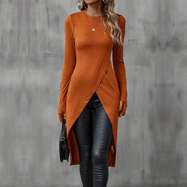 Voya Women's Versatile Commuting Style T-shirt For Spring And Summer, Round Neck And Extended Length, Hip Covering Top_ecoleips.com