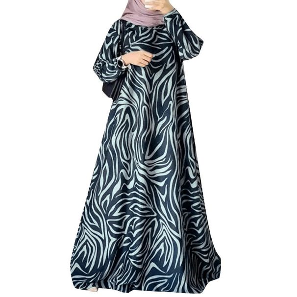 In Stock Cross-Border New Printed Middle Eastern Muslim Malay Full Sleeve Round Neck Robe Long Dress Factory Wholesale_ecoleips.com