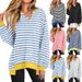 Women's Colorful Stripe V-Neck Sweatshirt - Relaxed Fit Athletic Pullover For Fall And Winter, Soft Casual Loungewear With Modern Pattern Design_ecoleips.com