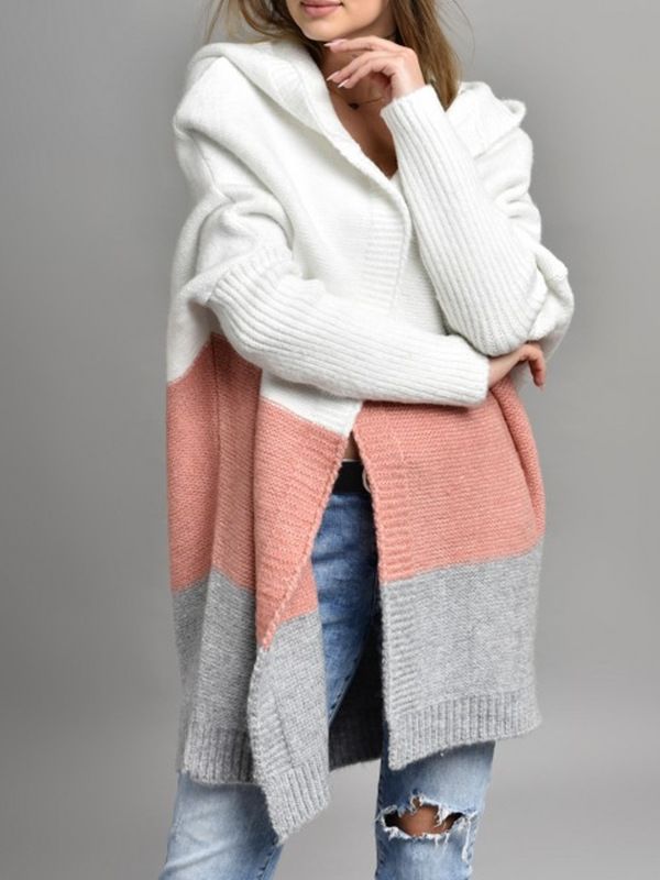 Oversized Hooded Cardigan – Longline Color-Block Sweater Coat (Green/Pink/Sky Blue, S/M/L/XL,Workwear Style)_ecoleips.com