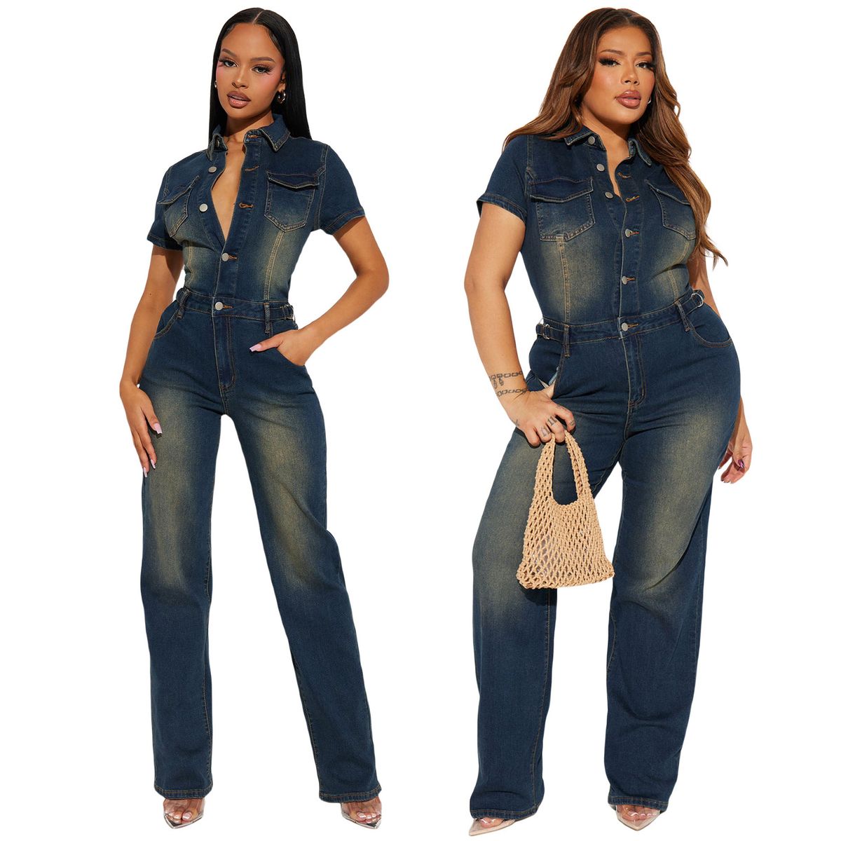 Tight Waist Slim Elastic Washed Denim Jumpsuit Straight Loose Jumpsuit_ecoleips.com