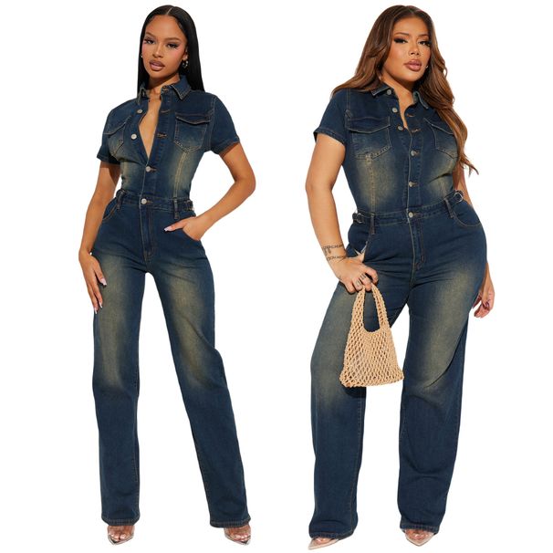 Tight Waist Slim Elastic Washed Denim Jumpsuit Straight Loose Jumpsuit_ecoleips.com