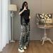 Women's Clothing Summer New Round Neck Side Zipper Printed Short Sleeved Top Wide Leg Trousers Two Piece Suit_ecoleips.com