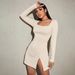 Voya 2026 Women's European And American Women's Fashion New Sexy Slit Waist Slimming Bodycon Knitted Square Neck Long Dress_ecoleips.com