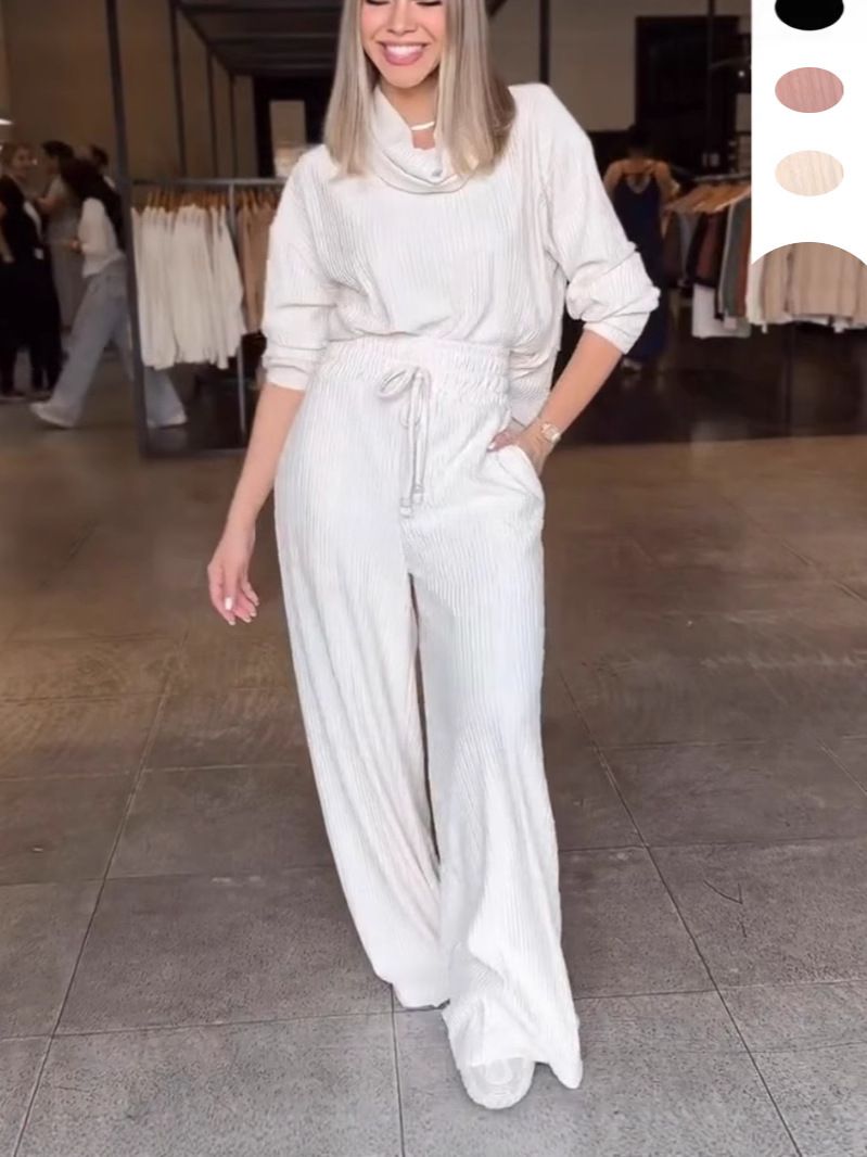Women's Clothing Elegant Women's Stacked Neck Long Sleeve Top & Wide Leg Pants Set - Stretchy Polyester Workwear Suit For Office & Casual_ecoleips.com