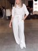 Women's Clothing Elegant Women's Stacked Neck Long Sleeve Top & Wide Leg Pants Set - Stretchy Polyester Workwear Suit For Office & Casual_ecoleips.com
