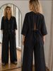 Women's Spring/Summer Cotton Linen Set Backless Shirt Wide Leg Pants Two Piece Casual Comfortable Breathable European American Style_ecoleips.com