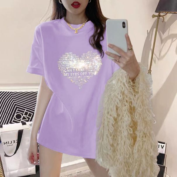 Women's Clothing Loose Slimming Fashionable Heavy Industry Love Letter Hot Diamond Short Sleeved T Shirt For Women On The Back Collar_ecoleips.com