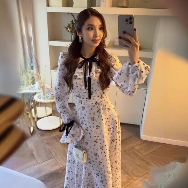 European And American 2025 Spring Elegant Floral Slim-Fit Long-Sleeve Tie-Waist Long Dress For Women_ecoleips.com