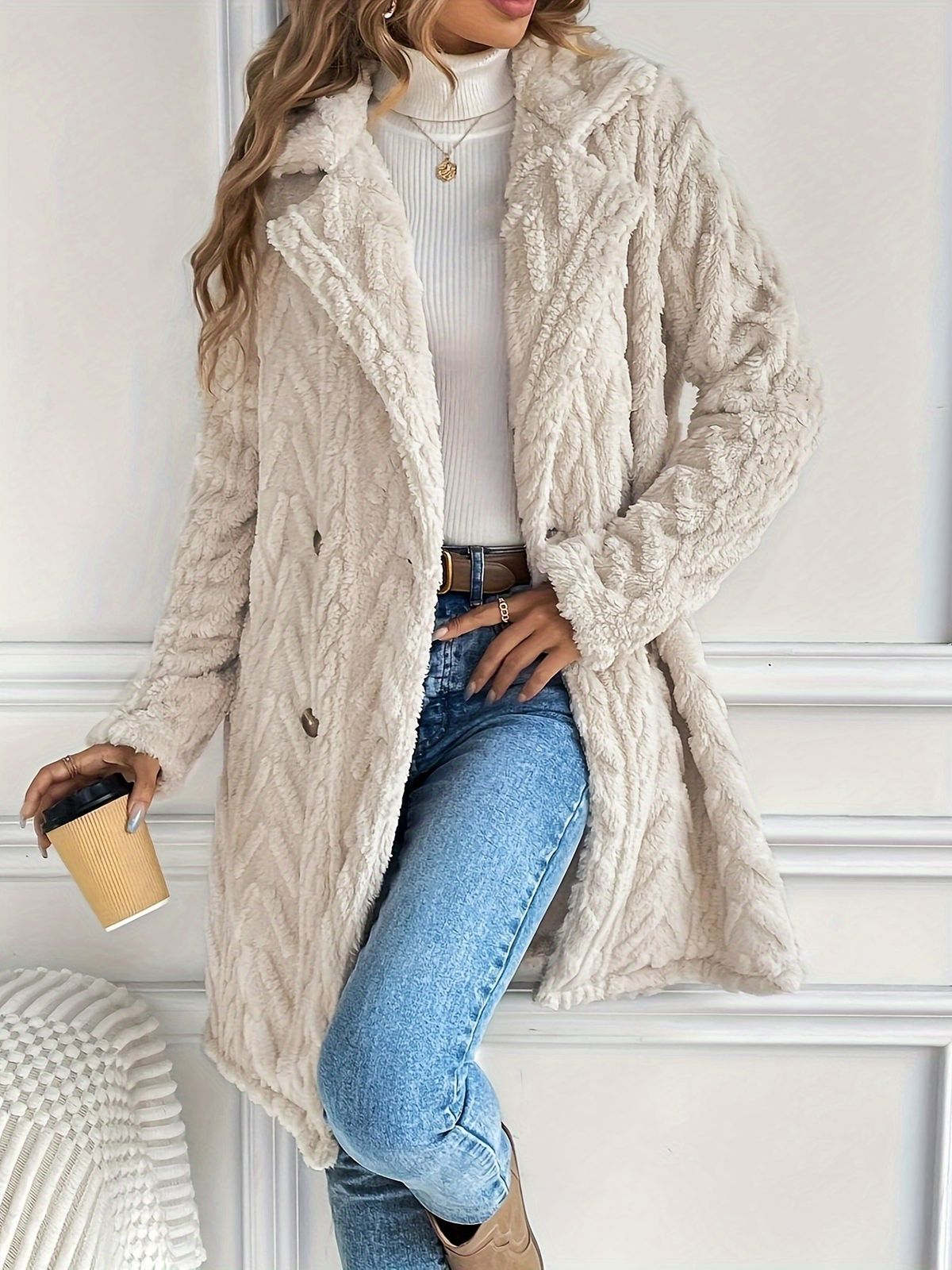 Women's Clothing Double Sided Plush Pocket Casual Double Breasted Cardigan Mid Length Coat_ecoleips.com