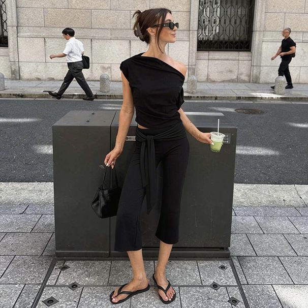 European American Style Women's Slim Fit Solid Color Casual Pants Tie up Slightly Flared Seven Point Fashion Bottoms for Summer 2026_ecoleips.com