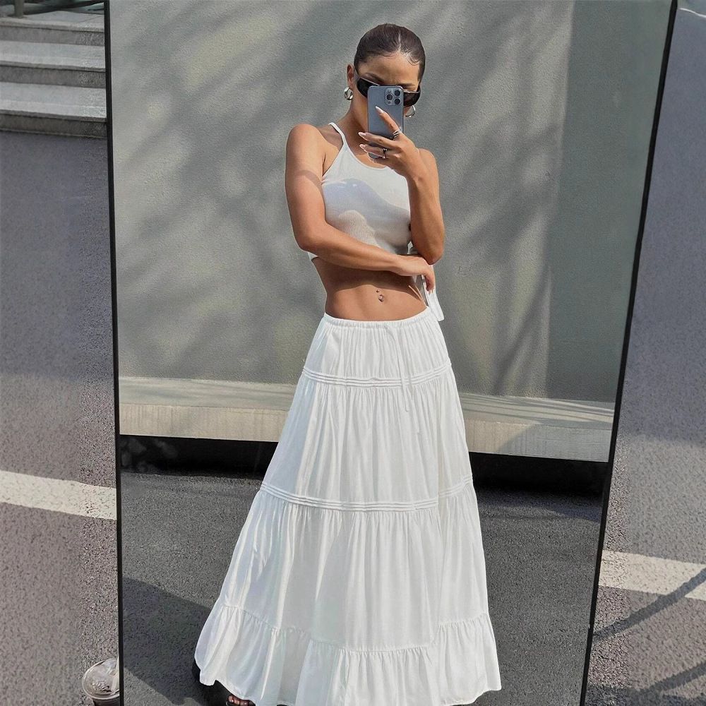 Ballet Style Low Waisted Midi Skirt for Women White Spring/Summer Slimming French Chic Full Swing Patchwork Long Skirt_ecoleips.com
