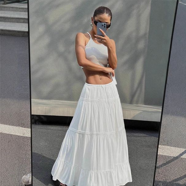 Ballet Style Low Waisted Midi Skirt for Women White Spring/Summer Slimming French Chic Full Swing Patchwork Long Skirt_ecoleips.com