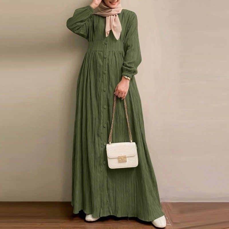 Muslim Women's Clothing Middle Eastern Retro Puff Sleeve Robe Spring And Autumn New Solid Color Fashion Elegant_ecoleips.com