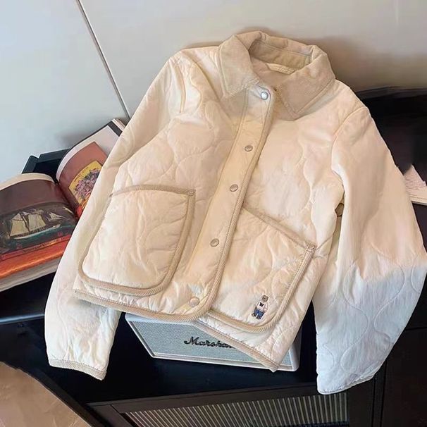 girl Korean Style Embroidered Bear Quilted Jacket For Women, New Autumn Winter Coat With Patchwork And Turn-down Collar,_ecoleips.com