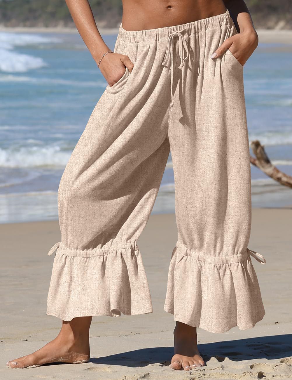 Women's Linen Wide Leg Pants Casual Cropped Pleated Drawstring Loose Fit With Pockets_ecoleips.com