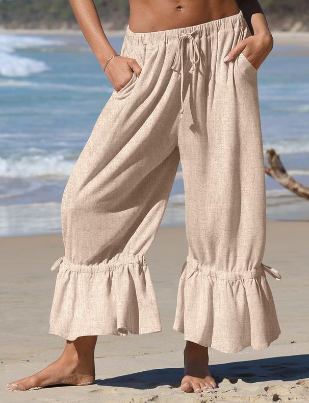 Women's Linen Wide Leg Pants Casual Cropped Pleated Drawstring Loose Fit With Pockets_ecoleips.com