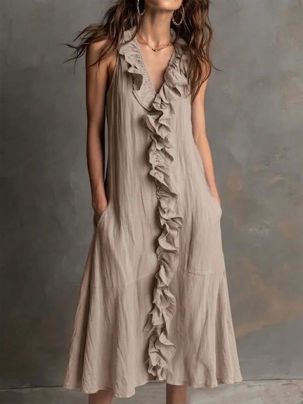 Women's Solid Color V Neck Dress Sleeveless Cotton Linen Full Skirt Ruffle Spring Summer New Style in Stock_ecoleips.com