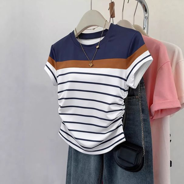 Versatile Elegant Women's T-Shirt Summer Style Fitted Waist Color Block Striped Short Sleeve Top_ecoleips.com