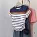 Versatile Elegant Women's T-Shirt Summer Style Fitted Waist Color Block Striped Short Sleeve Top_ecoleips.com