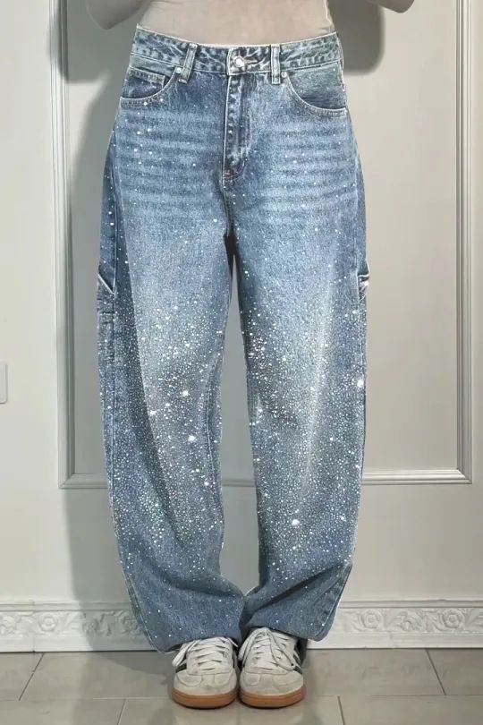 Glitter Star Embellished High-Waist Jeans For Women – Stylish Stretch Denim Pants With Rhinestone Details, Straight Leg Fit_ecoleips.com