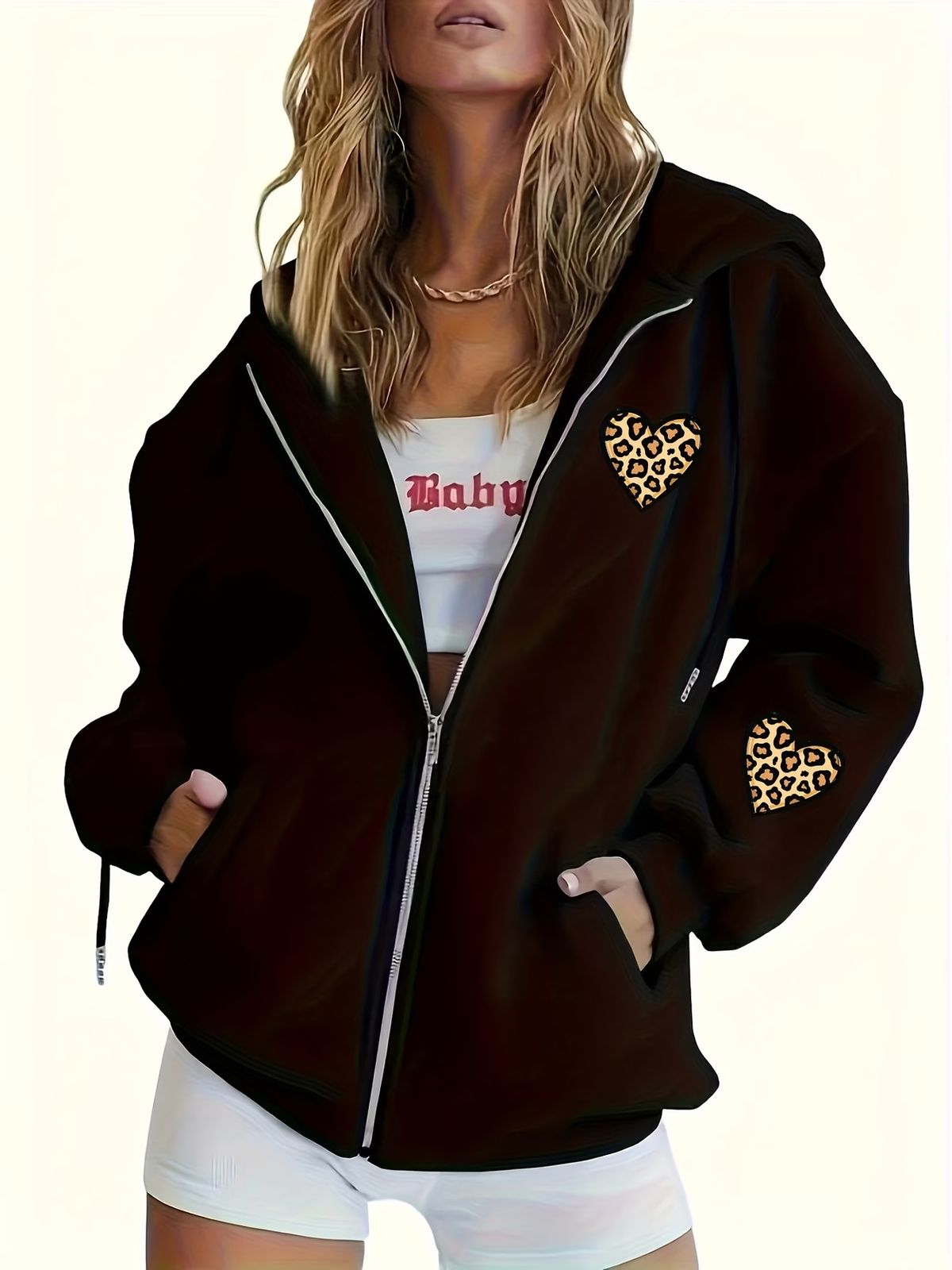 Women's Long Sleeved Zip Up Sweatshirt Cardigan Heart Print 5046 Design Comfortable Casual Hoodie_ecoleips.com