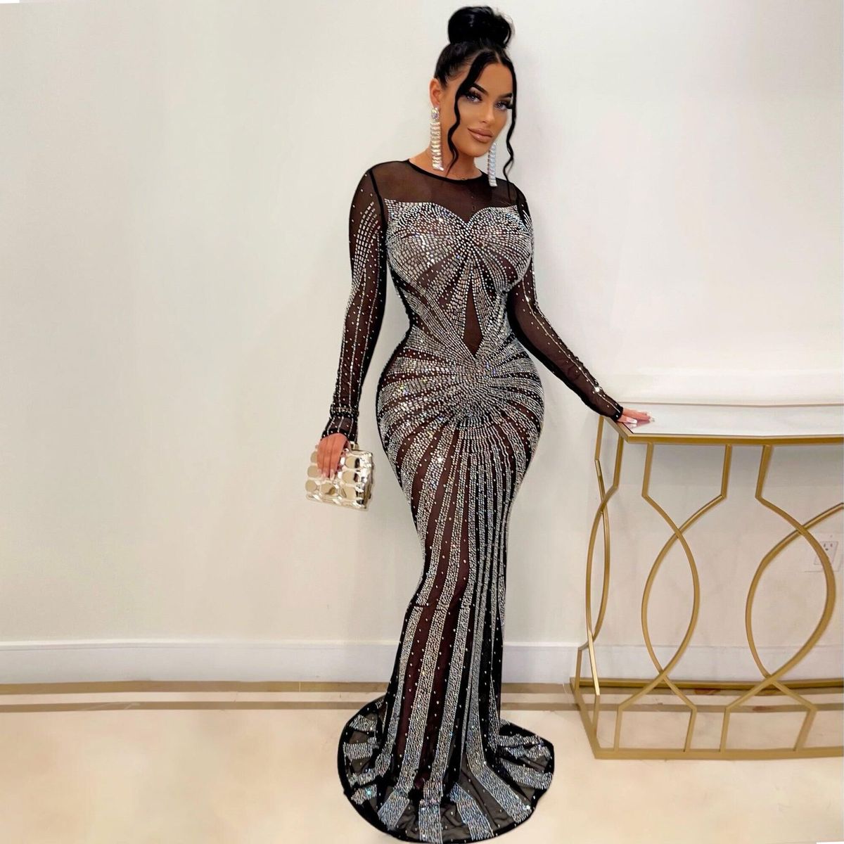 Women's Clothing Sexy Floor-Length Rhinestone Dress Nightclub Wear_ecoleips.com