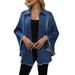 Women's Oversized Denim Jacket, Casual Loose Fringed Raw Hem Shirt Coat With Batwing 3/4 Sleeves, Classic Button Down Lapel Jean Outerwear For Daily W_ecoleips.com