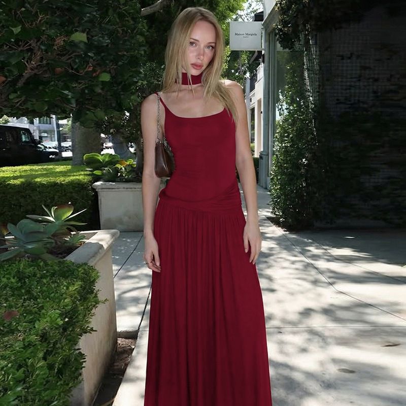 Women's European American Style Sexy Hot Dress French Temperament Solid Color Suspender Dress with Ruffles Twisted Waist Slimming Ribbons_ecoleips.com