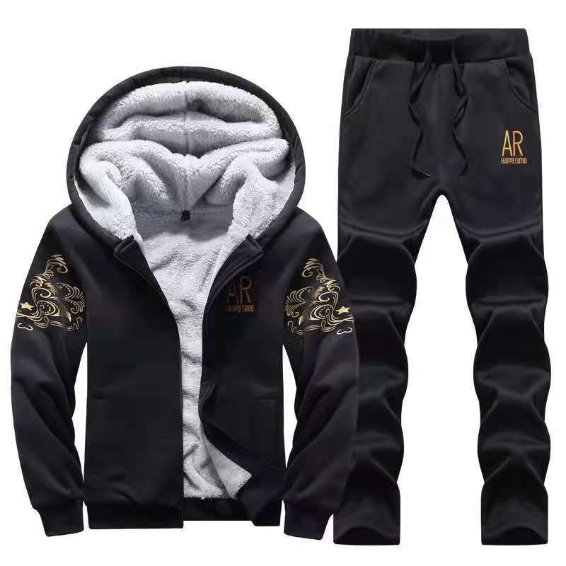 Men's Fleece-Lined Winter Tracksuit Set - Soft Sheep Velvet Fabric, Casual & Stylish Two-Piece Outfit For Plus Size (US XS-XXL, Grey/Black/Blue)_ecoleips.com