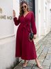 Women's Elegant Crossover V Neck Pleated Dress Autumn/Winter Long Skirt Clothing_ecoleips.com