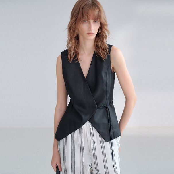 100% Linen V-Neck Vest For Women - Short Sleeveless Tank Top With Waist Tie, French Minimalist Style, Natural & Black_ecoleips.com